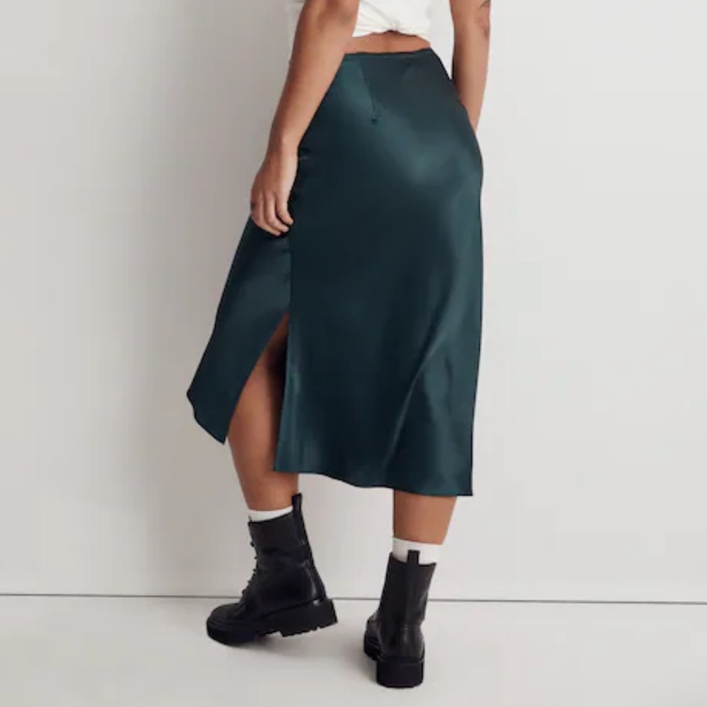 Madewell Drawstring Satin Midi Slip Skirt in Smoky Spruce Green Size 10 - Picture 2 of 7